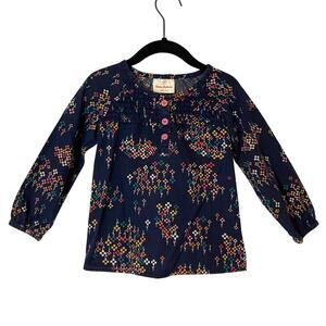 Hanna Andersson Cotton Dark Blue Geometric Floral Long Sleeve Button Shirt Top